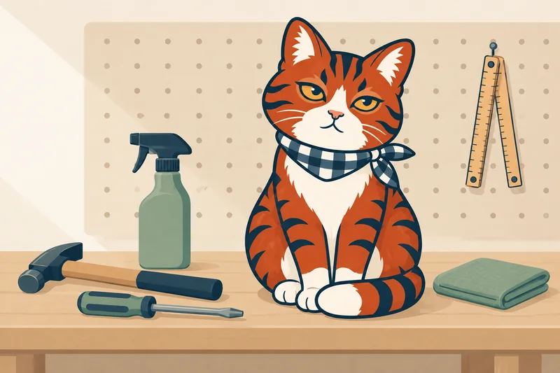 Hilde, die Hauskatze von haus100.de, sitzt auf einer Werkbank zwischen Hammer, Schraubendreher und Sprühflasche