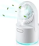 Mini Ventilator mit Kühlen Nebel, 2 in 1 Tragbarer USB Tischlüfter, Ventilator Schreibtisch mit Aufladbarem Batterie/3 Windmodi/7 Farben Nachtlichter, Tischventilator für Home, Office, Büro (Weiß)
